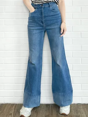 Retro Blue Mid Wash Flared Logo Embroidery Jeans