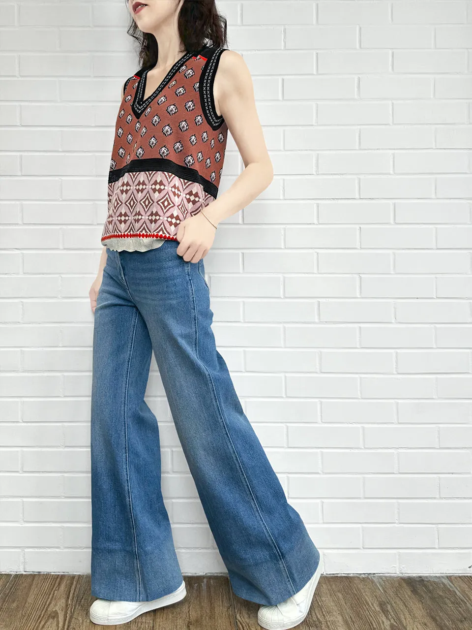 Retro Blue Mid Wash Flared Logo Embroidery Jeans