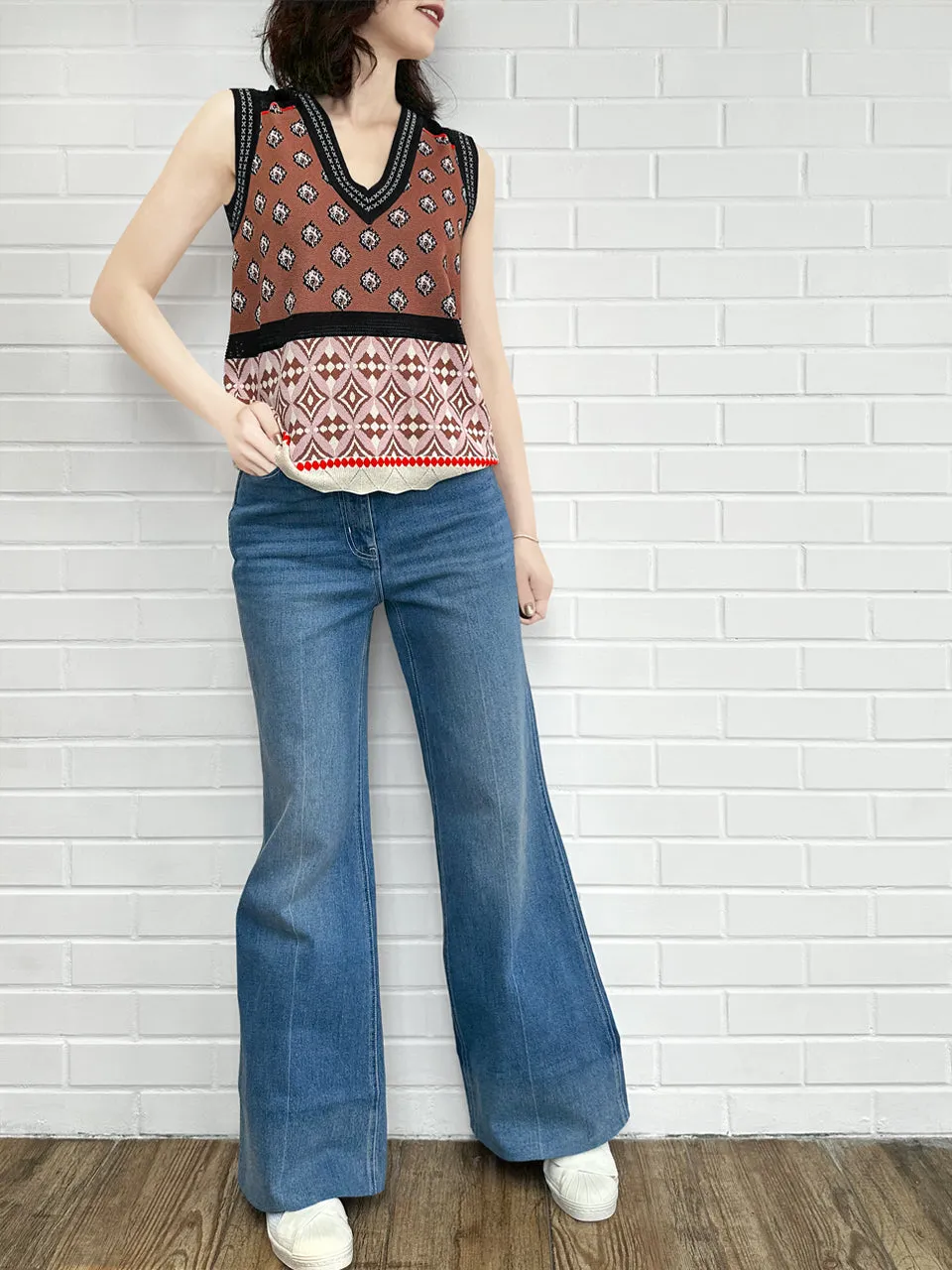 Retro Blue Mid Wash Flared Logo Embroidery Jeans