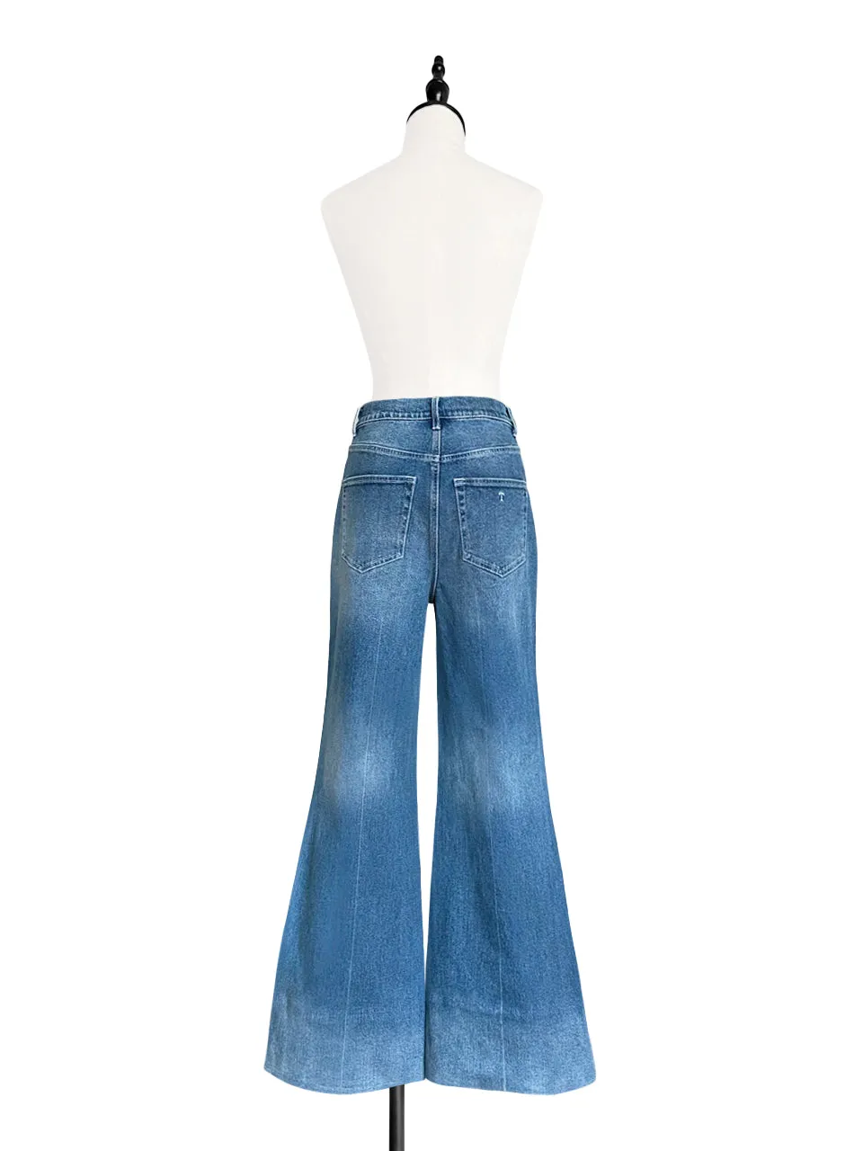 Retro Blue Mid Wash Flared Logo Embroidery Jeans