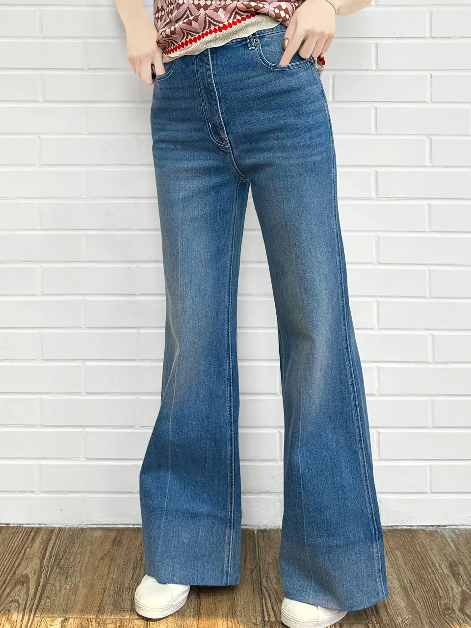 Retro Blue Mid Wash Flared Logo Embroidery Jeans