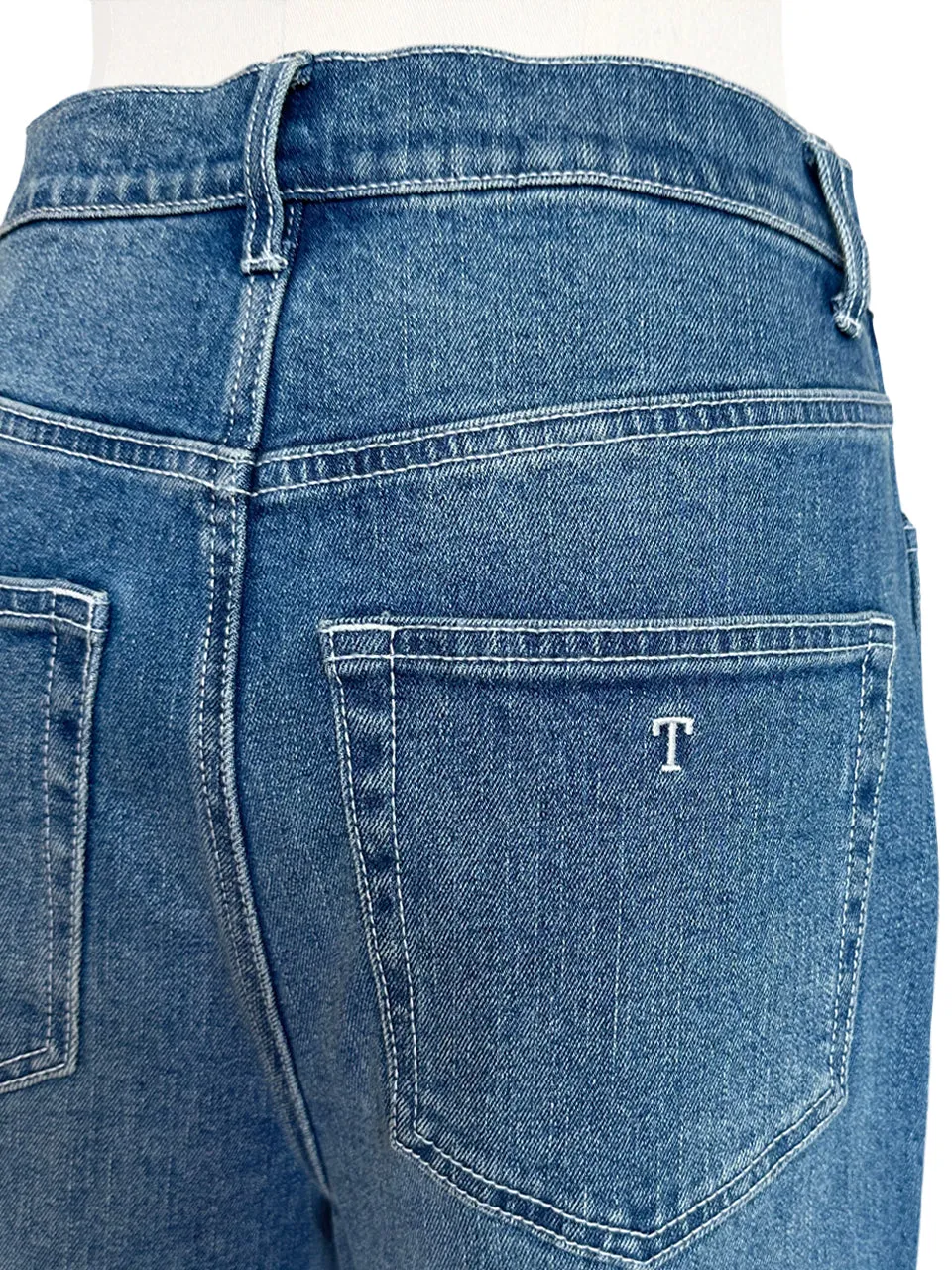 Retro Blue Mid Wash Flared Logo Embroidery Jeans