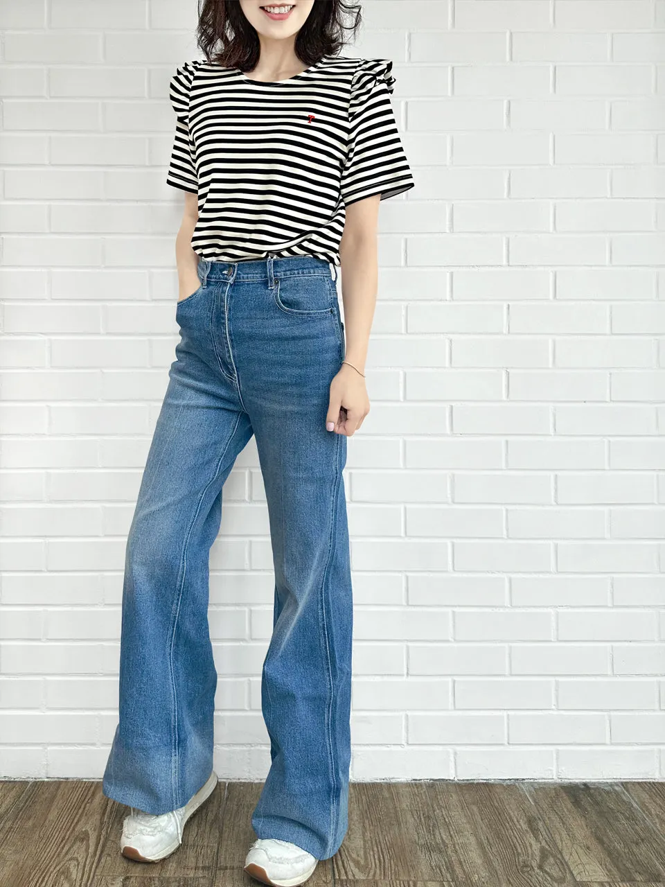 Retro Blue Mid Wash Flared Logo Embroidery Jeans