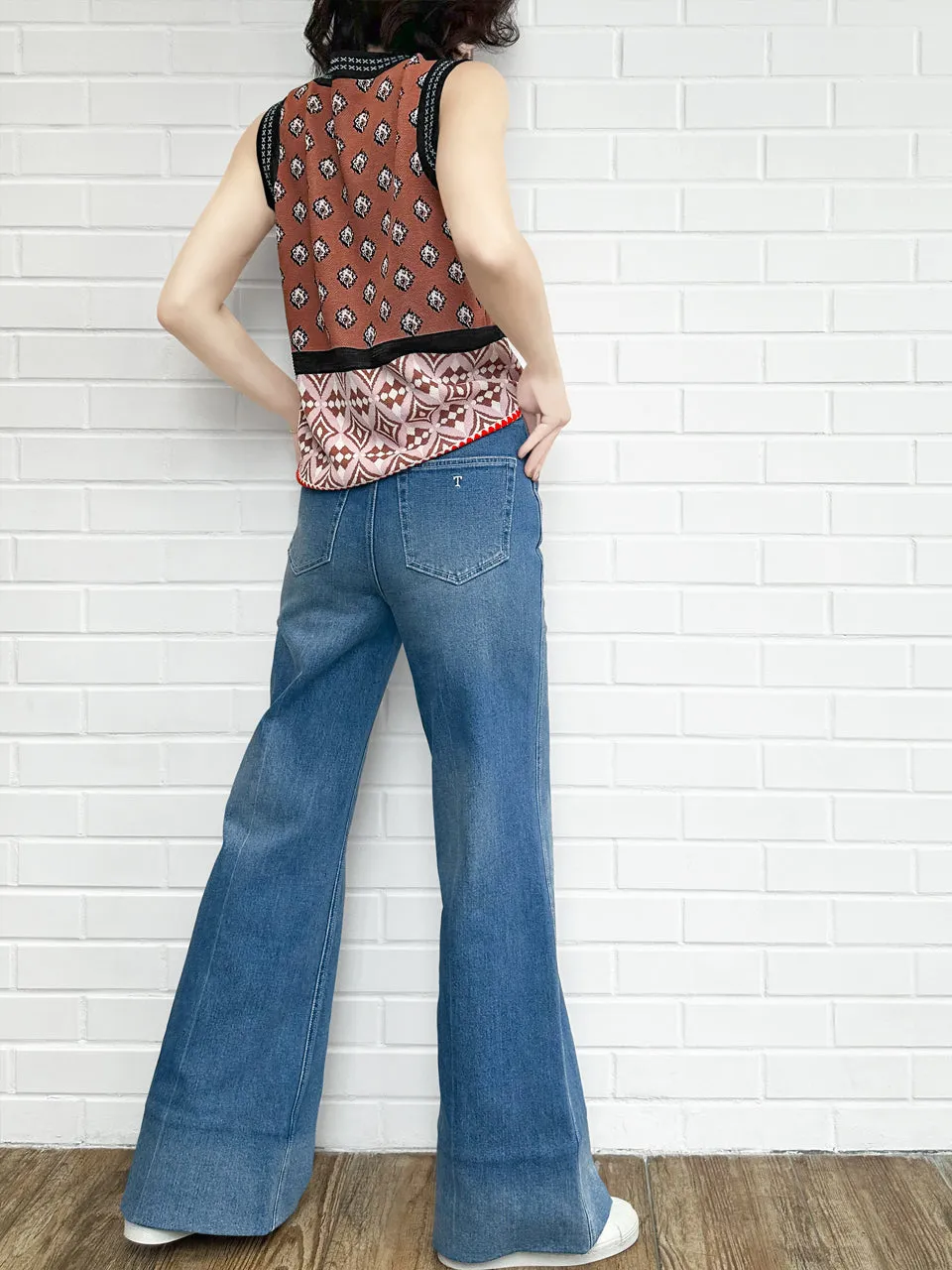Retro Blue Mid Wash Flared Logo Embroidery Jeans
