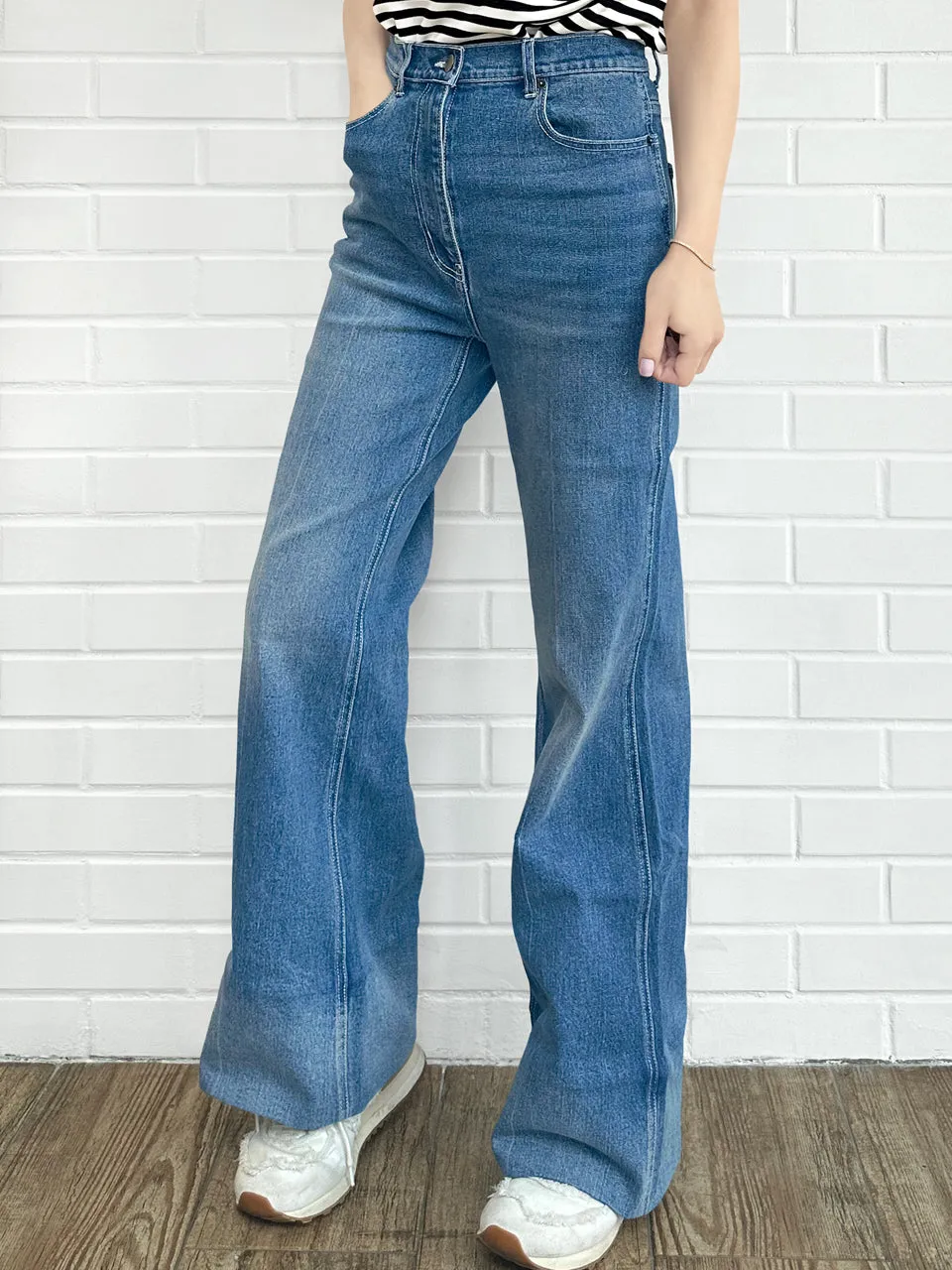 Retro Blue Mid Wash Flared Logo Embroidery Jeans