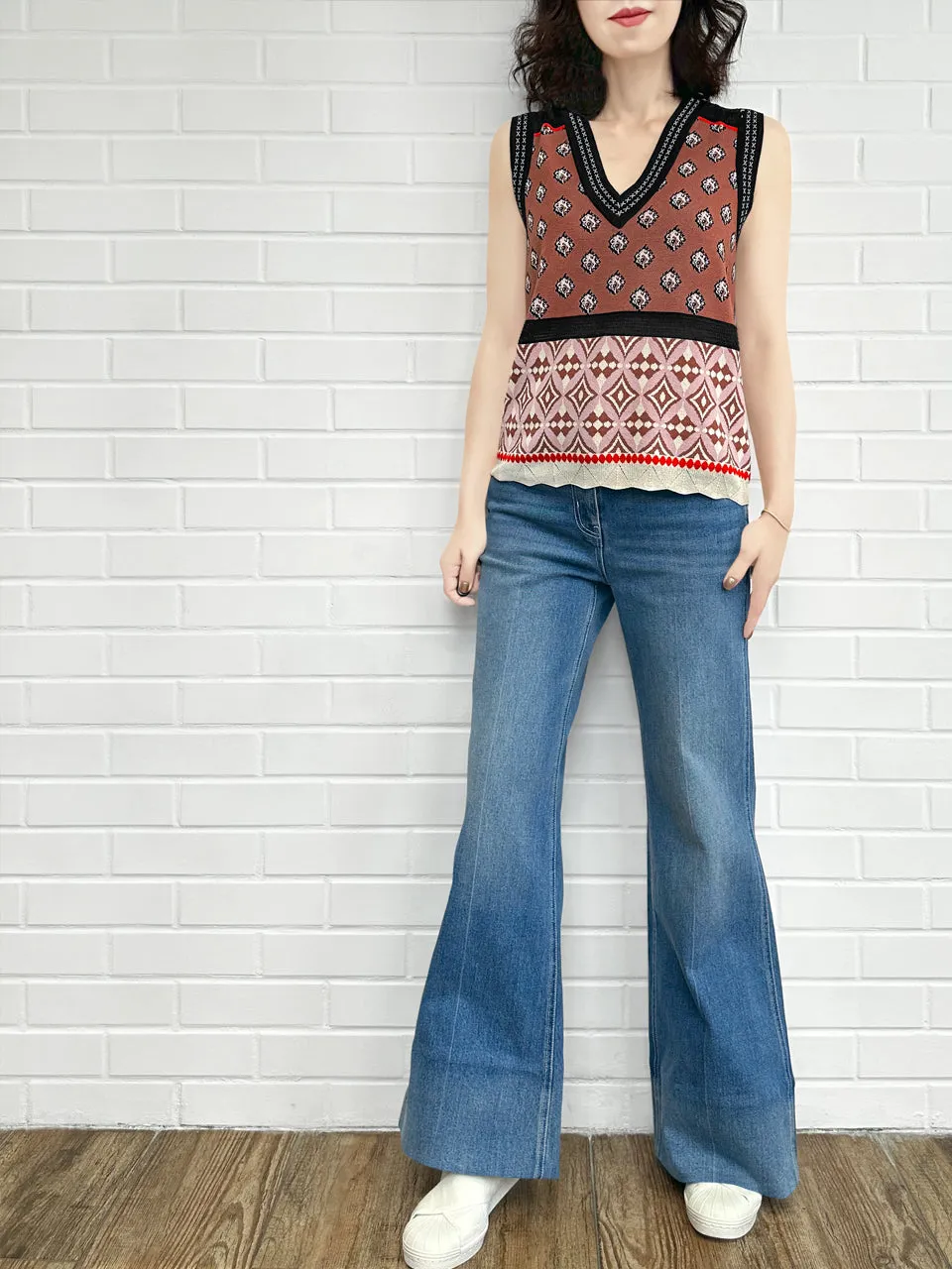 Retro Blue Mid Wash Flared Logo Embroidery Jeans