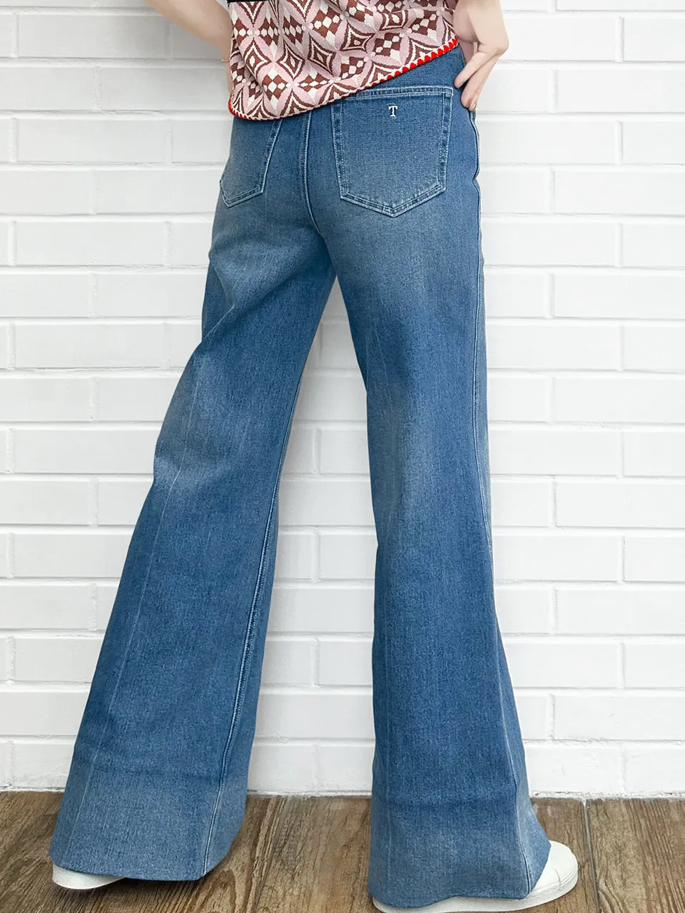 Retro Blue Mid Wash Flared Logo Embroidery Jeans
