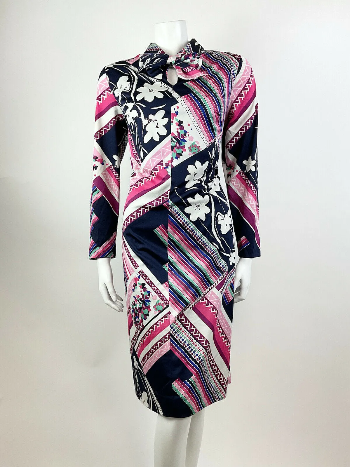 VINTAGE 60s 70s BLUE PINK WHITE PSYCHEDELIC STRIPED FLORAL BOW SHIRT DRESS 14 16