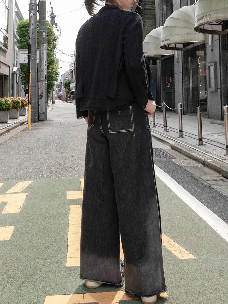 Washed Black Extra Wide Leg Flowy Logo Embroidery Jeans