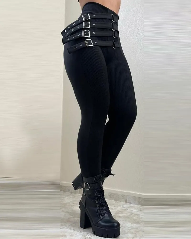 Women High Waist Buckled Belt Skinny Pants Pencil Slim Fashion Casual Sexy Leggings Pants Trousers Y2k