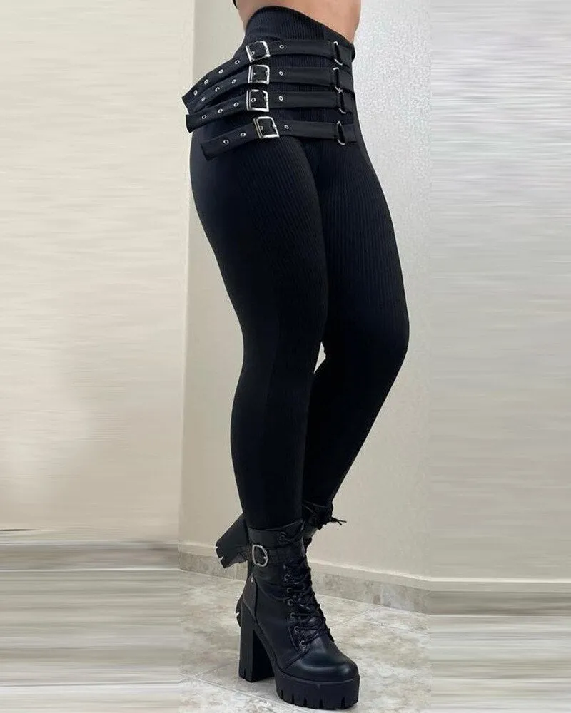Women High Waist Buckled Belt Skinny Pants Pencil Slim Fashion Casual Sexy Leggings Pants Trousers Y2k