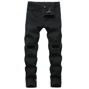 Zipper Pencil Pants Elasticity Men's Ripped Jeans Mid Waist Jeans